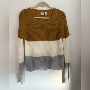 Daytrip Size L Mustard White Gray Colorblock Lace Up Sleeve Chunky Knit Sweater